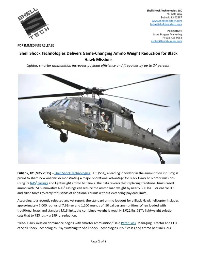 Shell Shock Technologies Delivers Game-Changing Ammo Weight Reduction for Black Hawk Missions