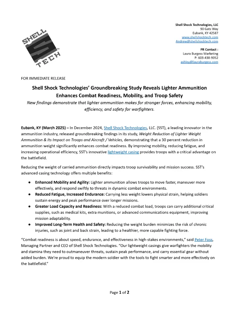 Shell Shock Technologies’ Groundbreaking Study Reveals Lighter Ammunition Enhances Combat Readiness, Mobility, and Troop Safety