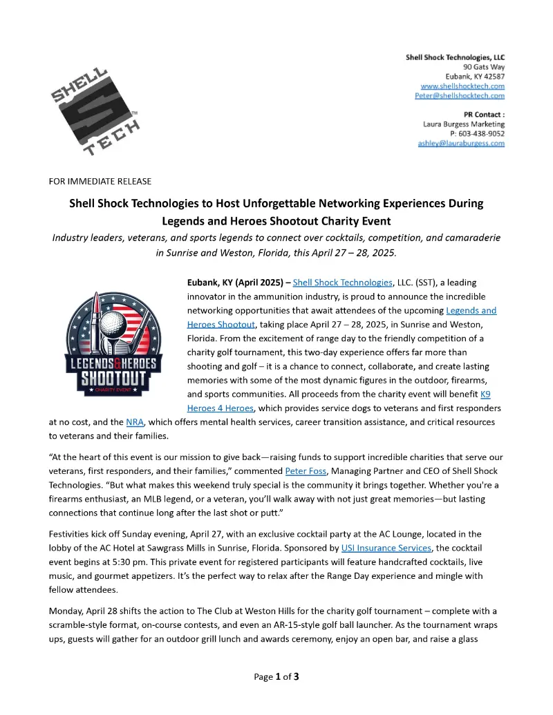 Shell Shock Technologies to Host Unforgettable Networking Experiences During Legends and Heroes Shootout Charity Event