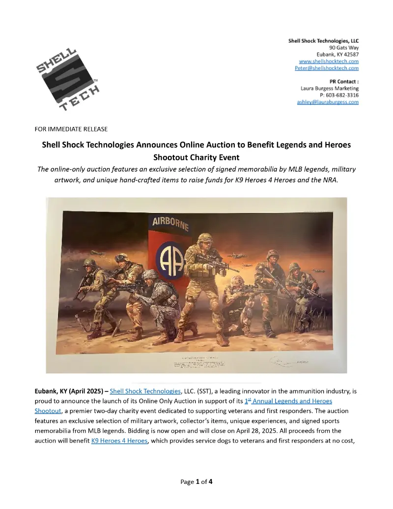 Shell Shock Technologies Announces Online Auction to Benefit Legends and Heroes Shootout Charity Event