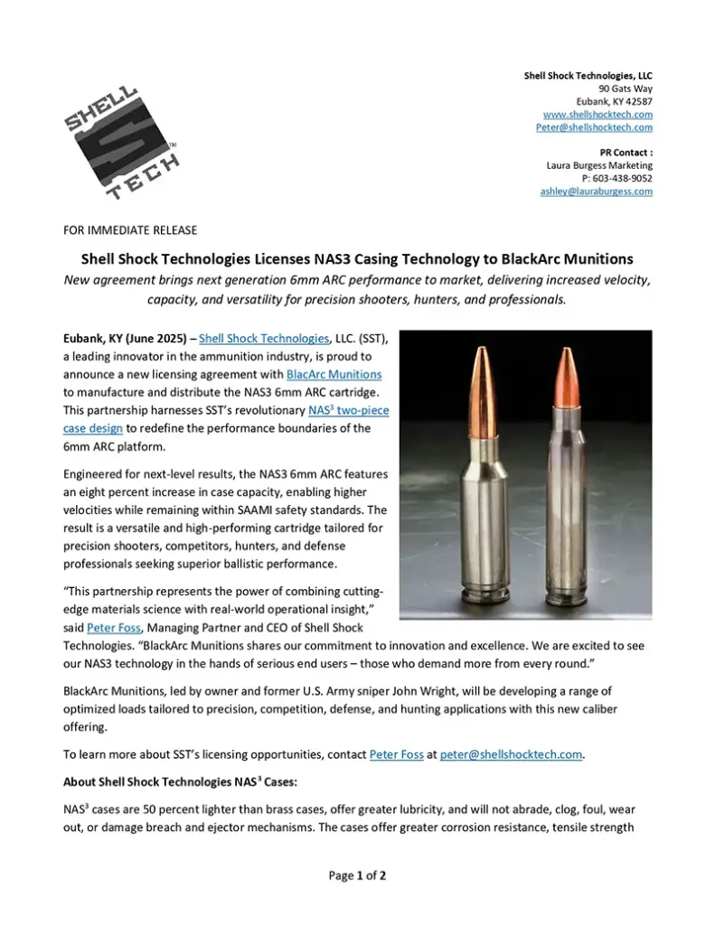 Shell Shock Technologies Licenses NAS3 Casing Technology to BlackArc Munitions