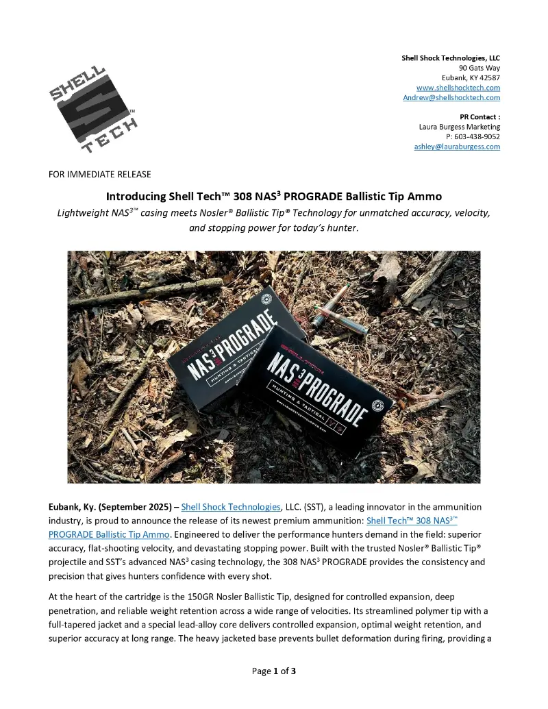 Introducing Shell Tech™ 308 NAS3 PROGRADE Ballistic Tip Ammo