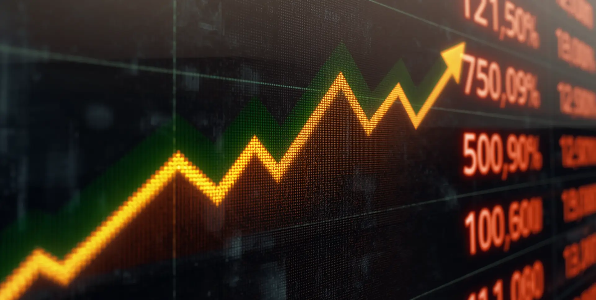 Stock ticker display showing copper prices increasing, with upward trending green arrows and rising price numbers, financial market display, digital screen aesthetic