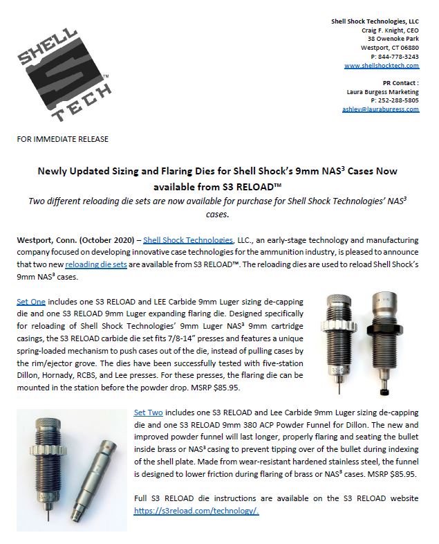 Press release: Newly Updated Sizing and Flaring Dies for Shell Shock’s 9mm NAS³ Cases Now available from S3 RELOAD™